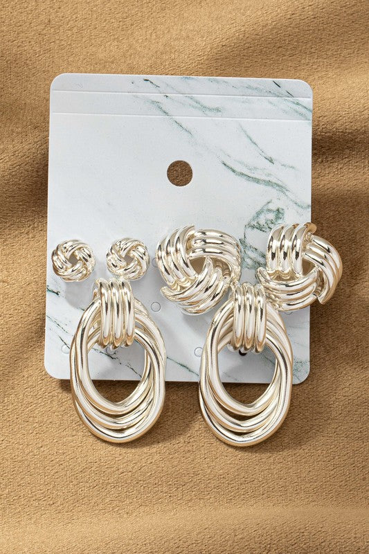 Queen Trio Metal Knot and Hoop Earrings (Multiple Colors)