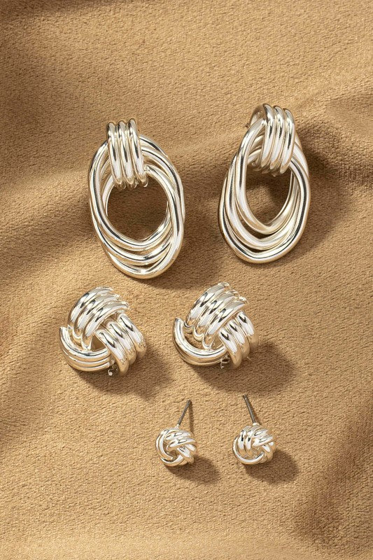 Queen Trio Metal Knot and Hoop Earrings (Multiple Colors)